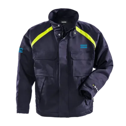 blue jacket with atals copco logo
