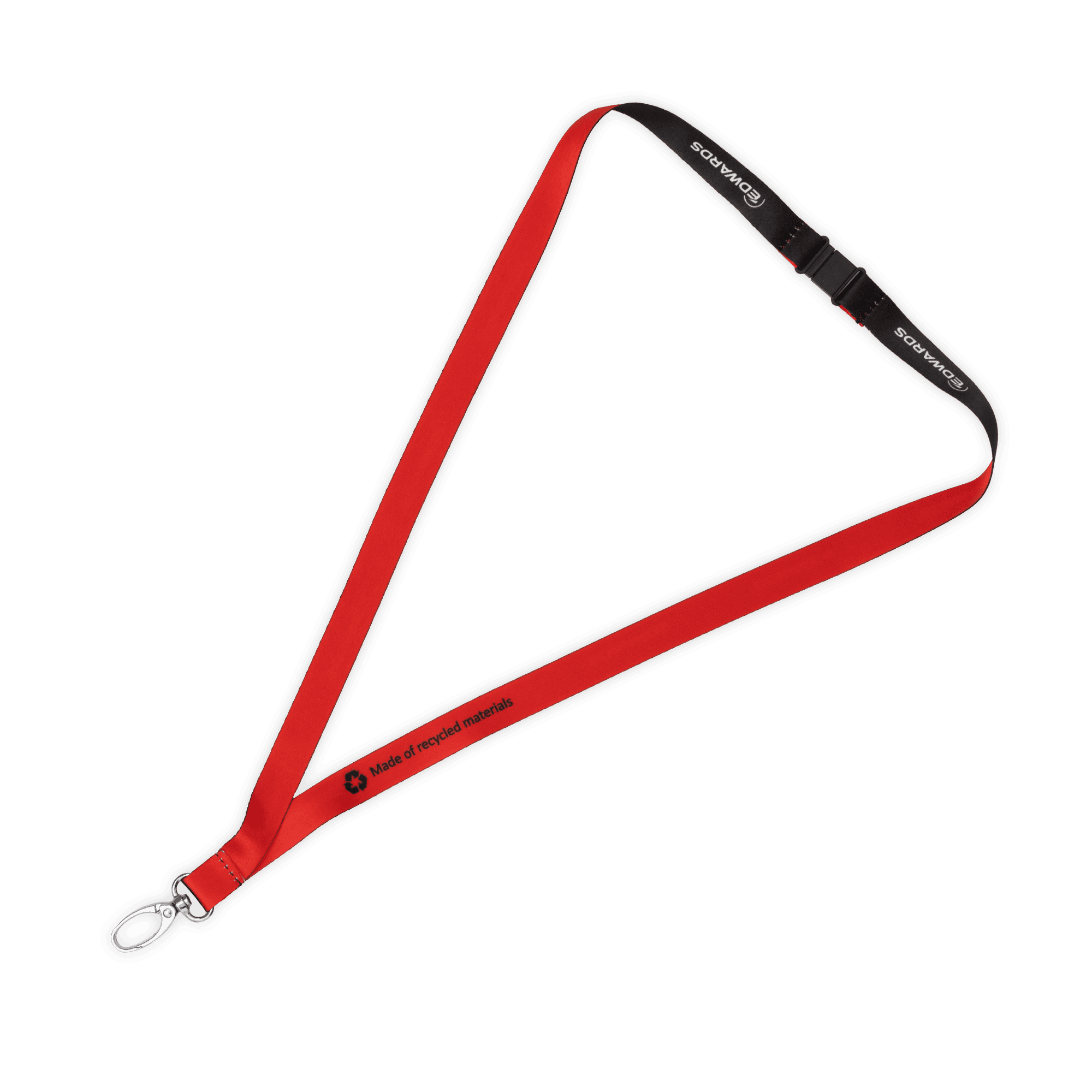 Red and black lanyard with white logo and safety buckle 