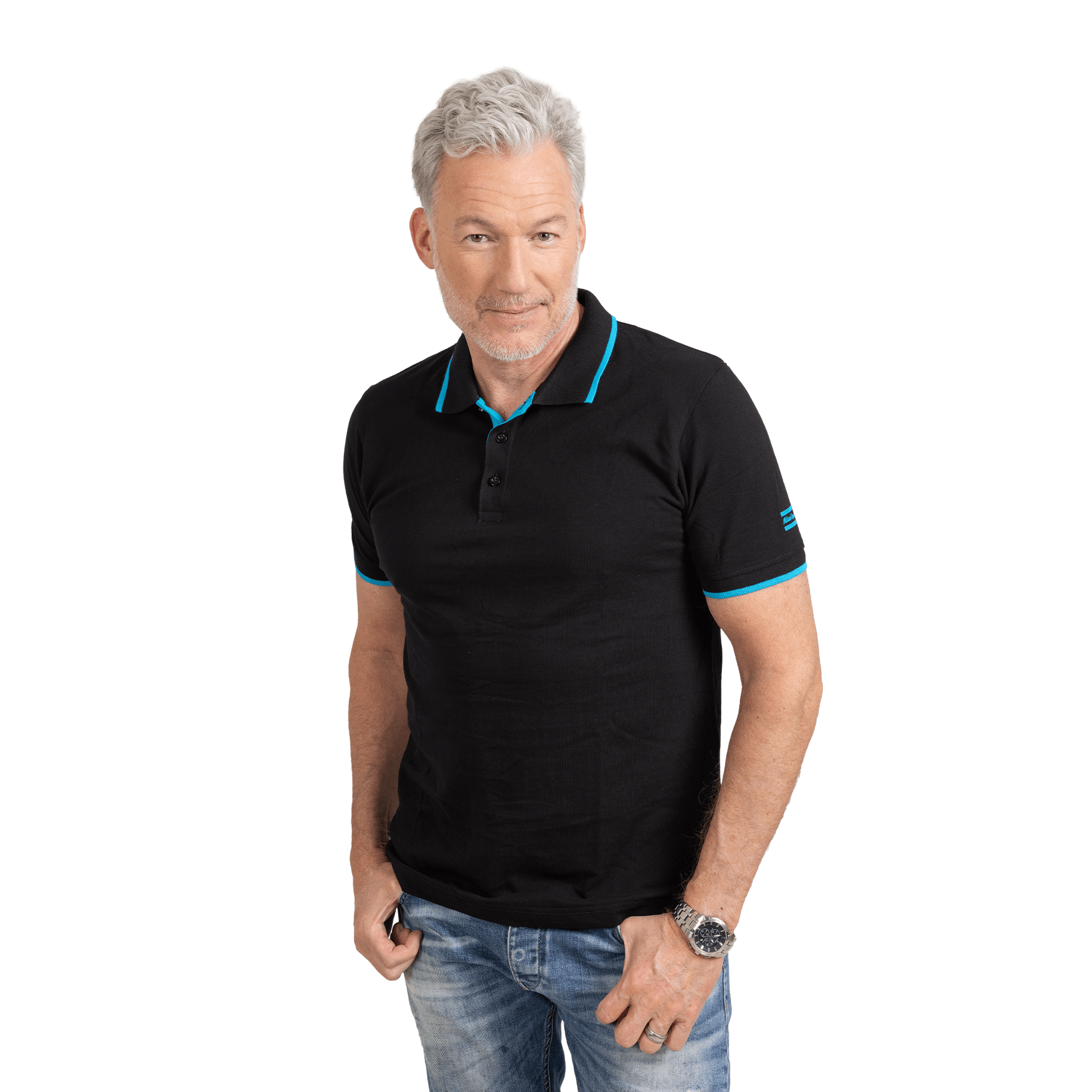 Man wearing black polo shirt with blue details