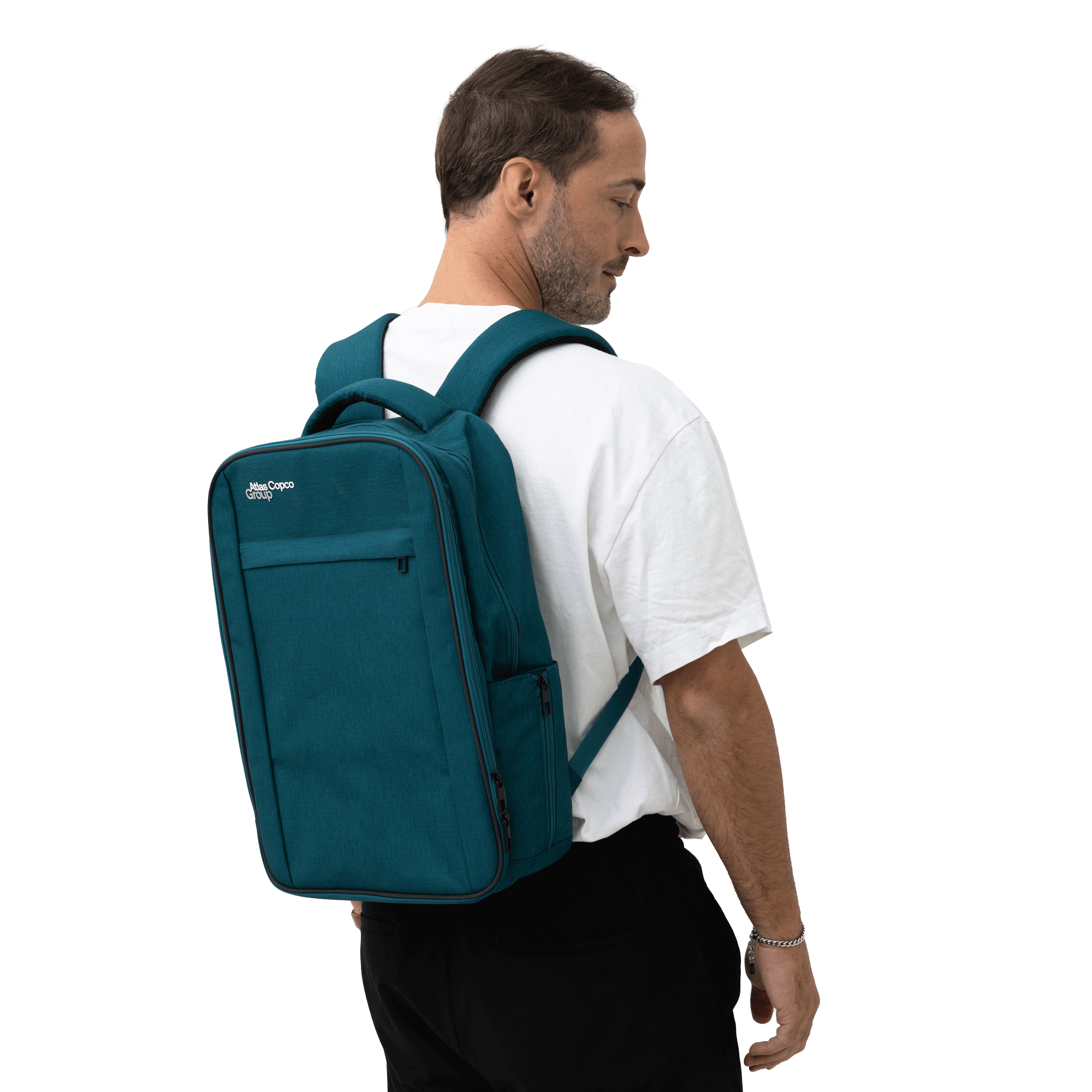 Teal color backpack with Atlas Copco Group logo