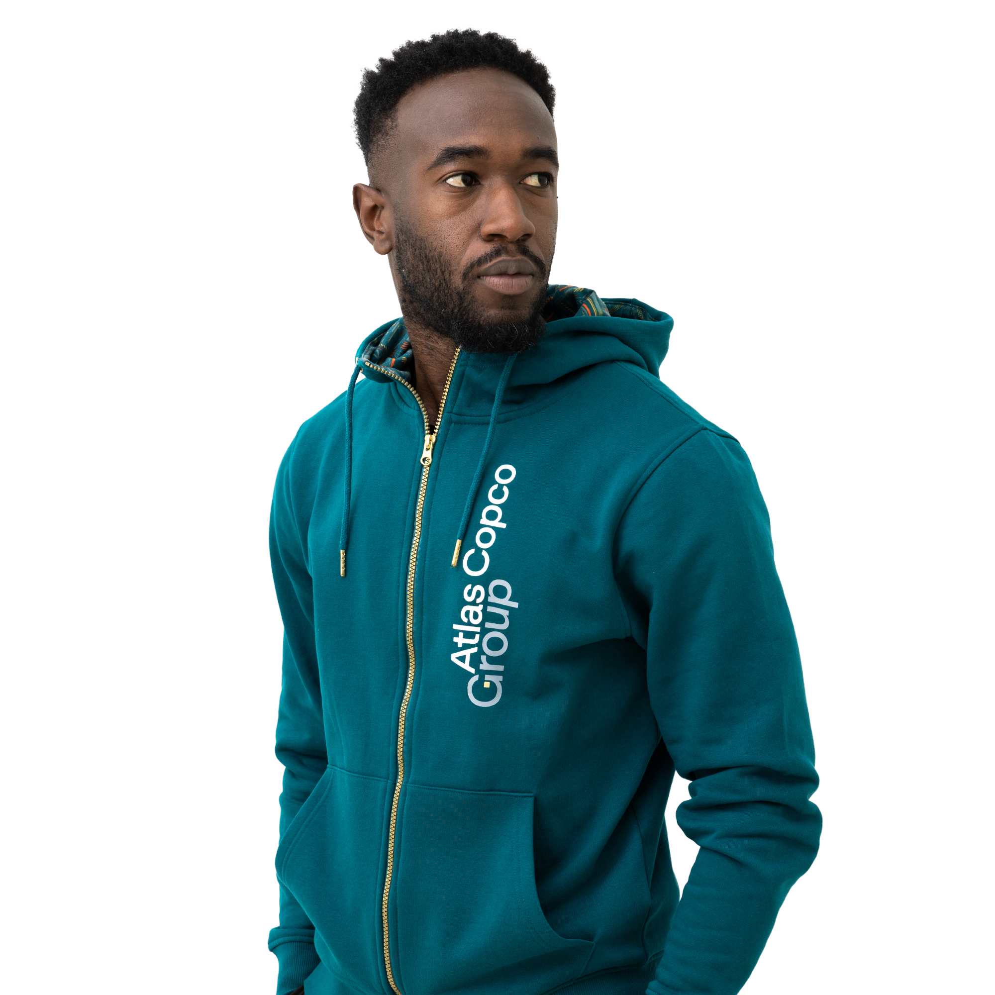 teal atlas copco group hoodie with white vertical logo