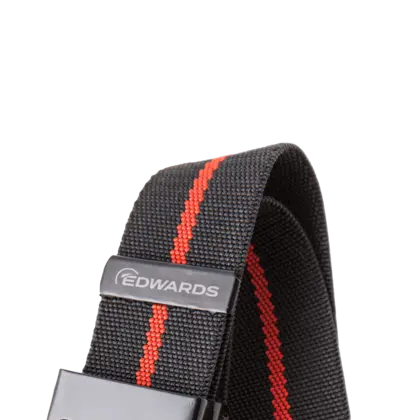 Black edwards belt with embossed logo and engraved end