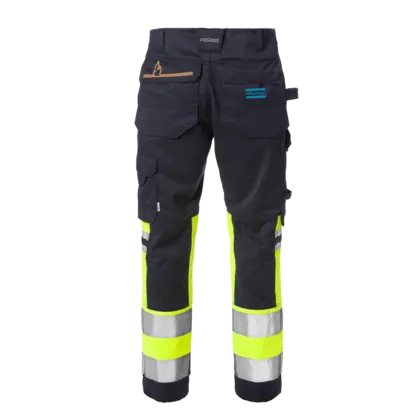 blue and reflective pants