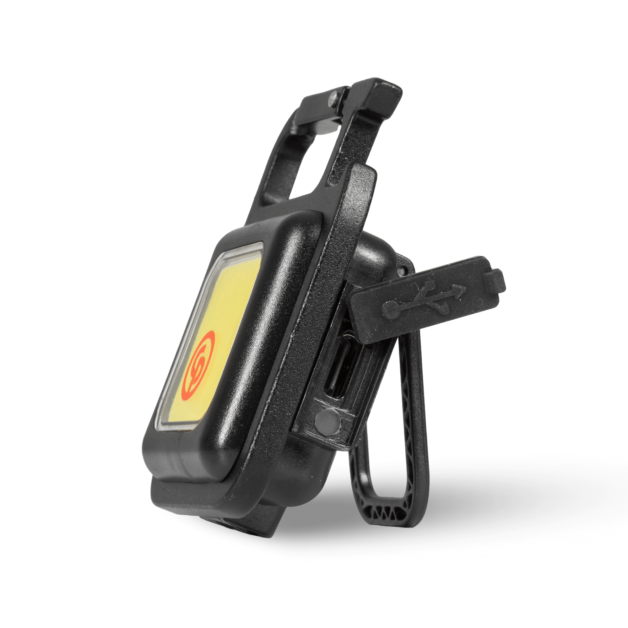 black mini flashlight with chicago pneumatic logo in red from side