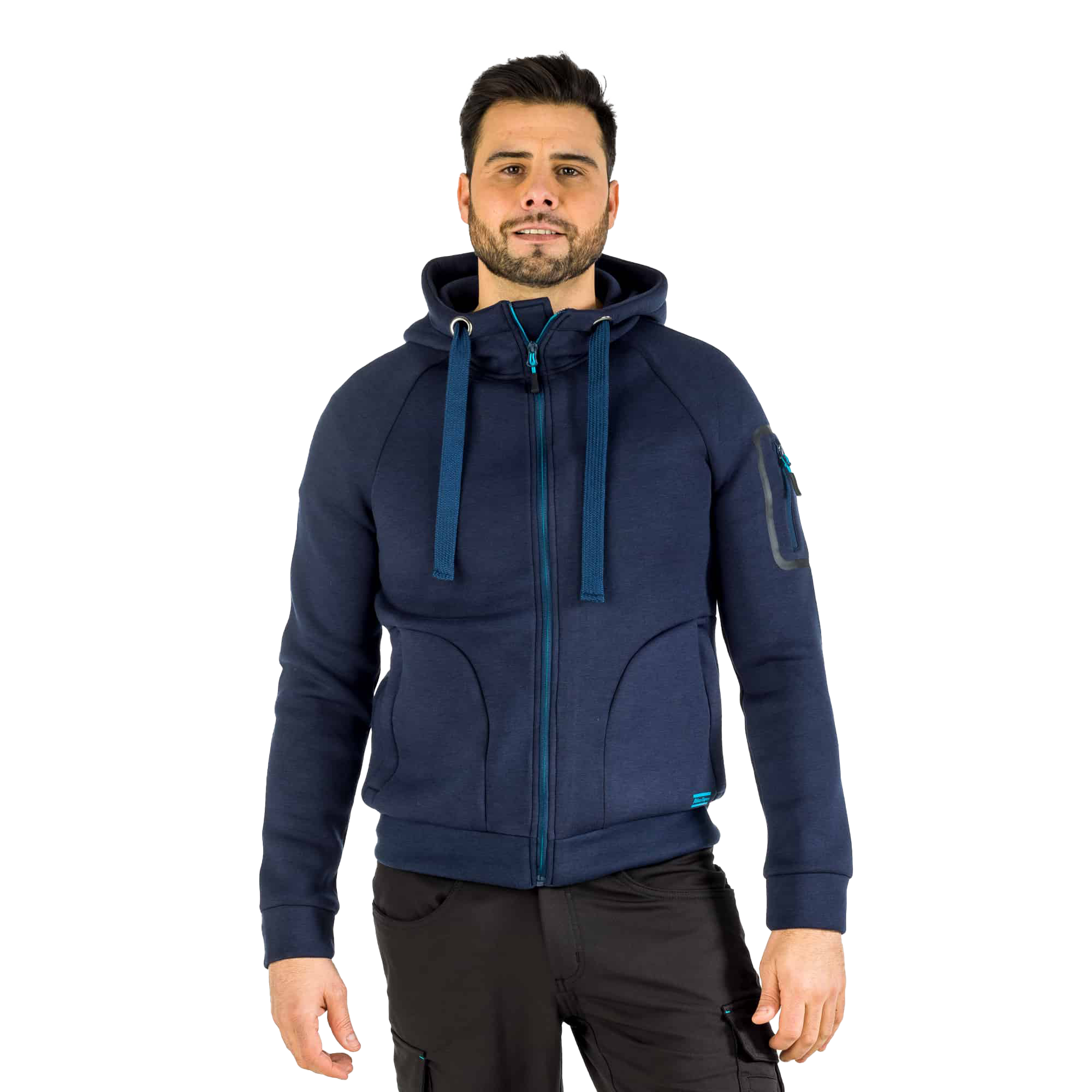 navy blue hoodie with atlas copco logo front