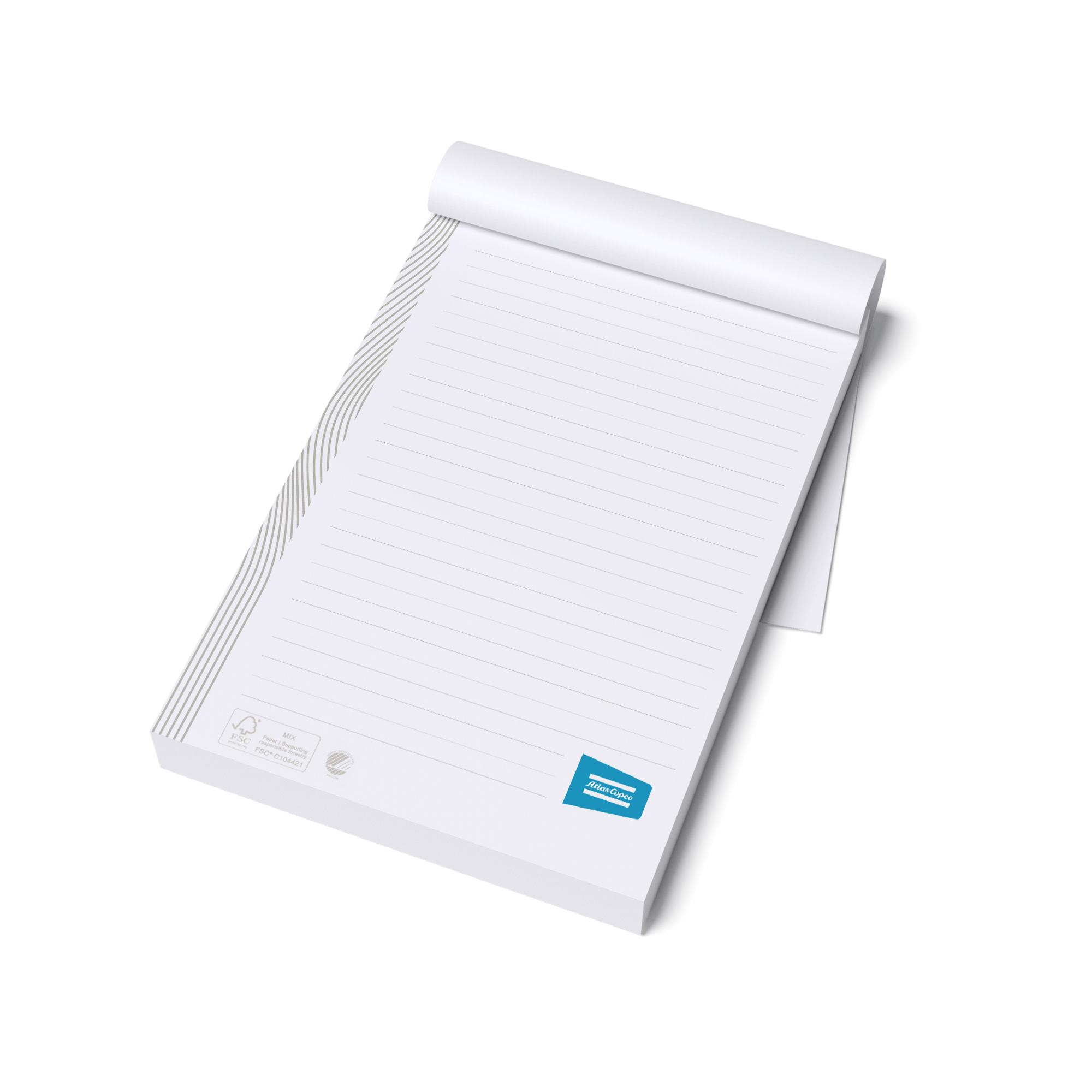 lined notepad with beige pattern and lines and atlas copco logo in blue