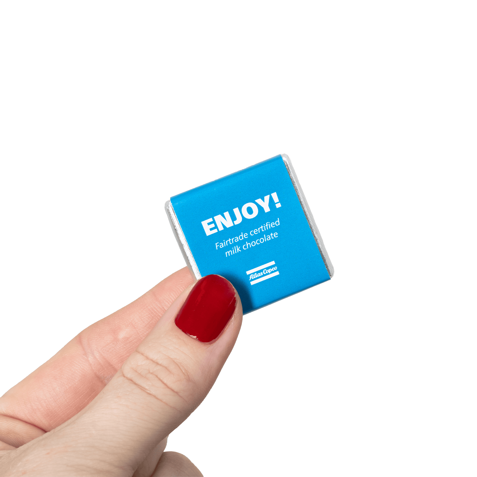 Hand holding Chocolate with atlas copco logo and enjoy text