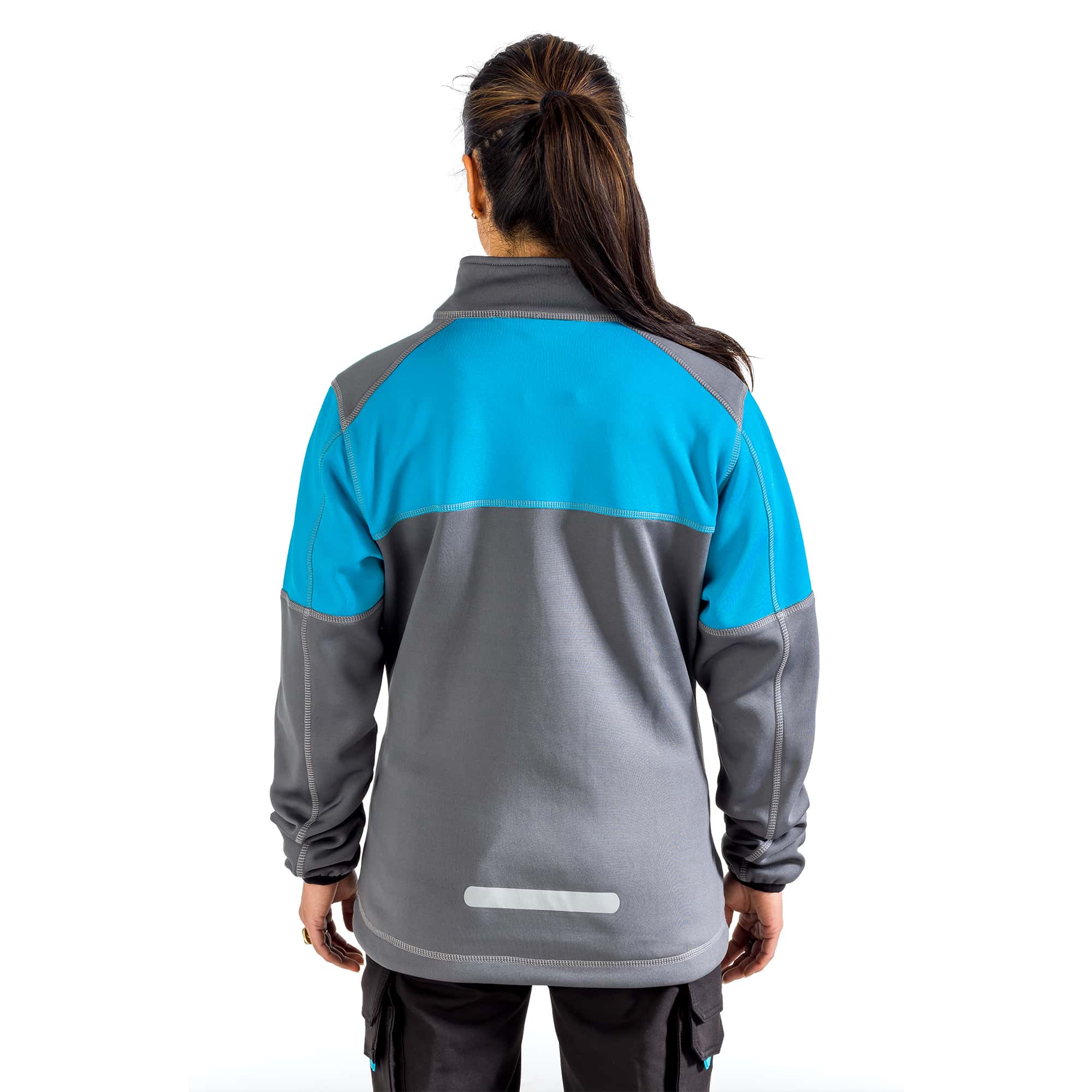 grey fleece jacket with reflective strip on back