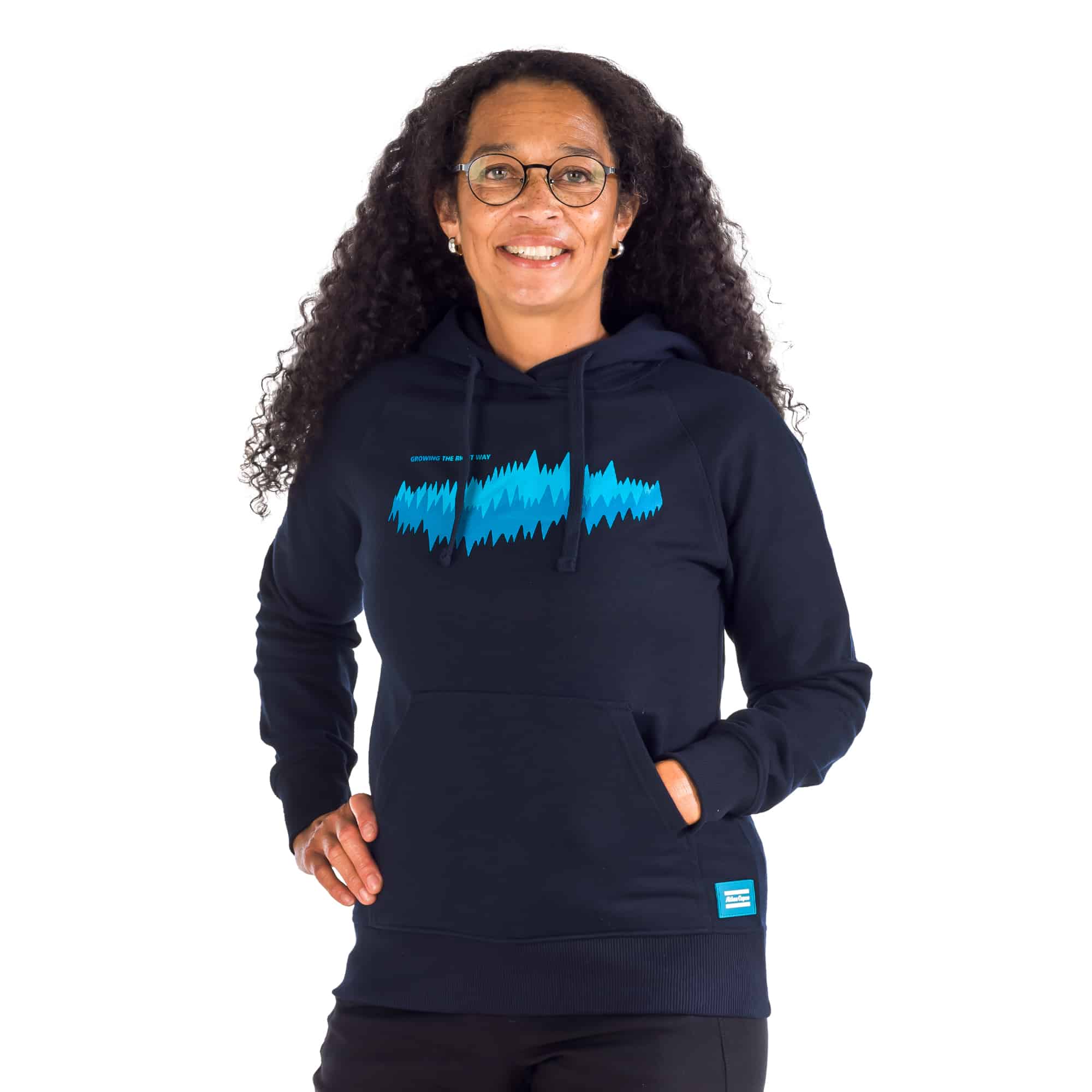 navy hoodie with gtrw pattern and atlas copco box logo