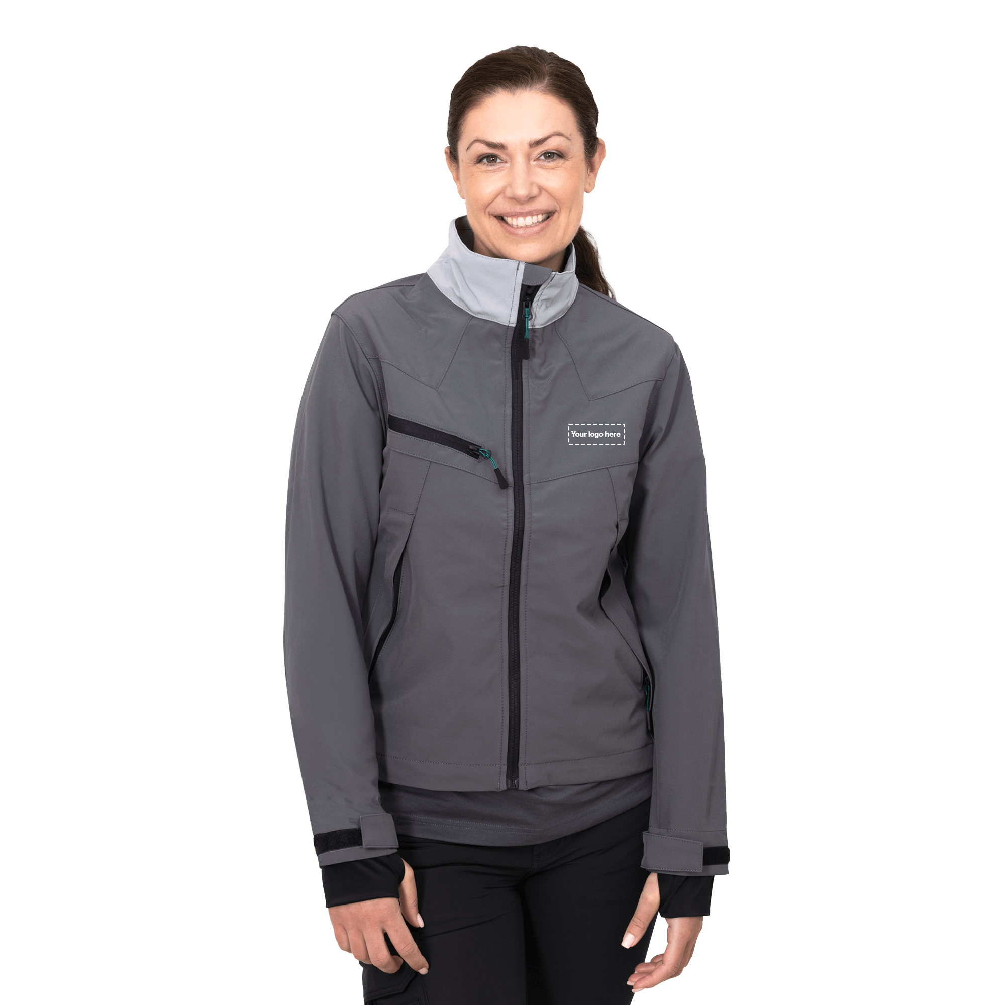grey work wear jacket on female model