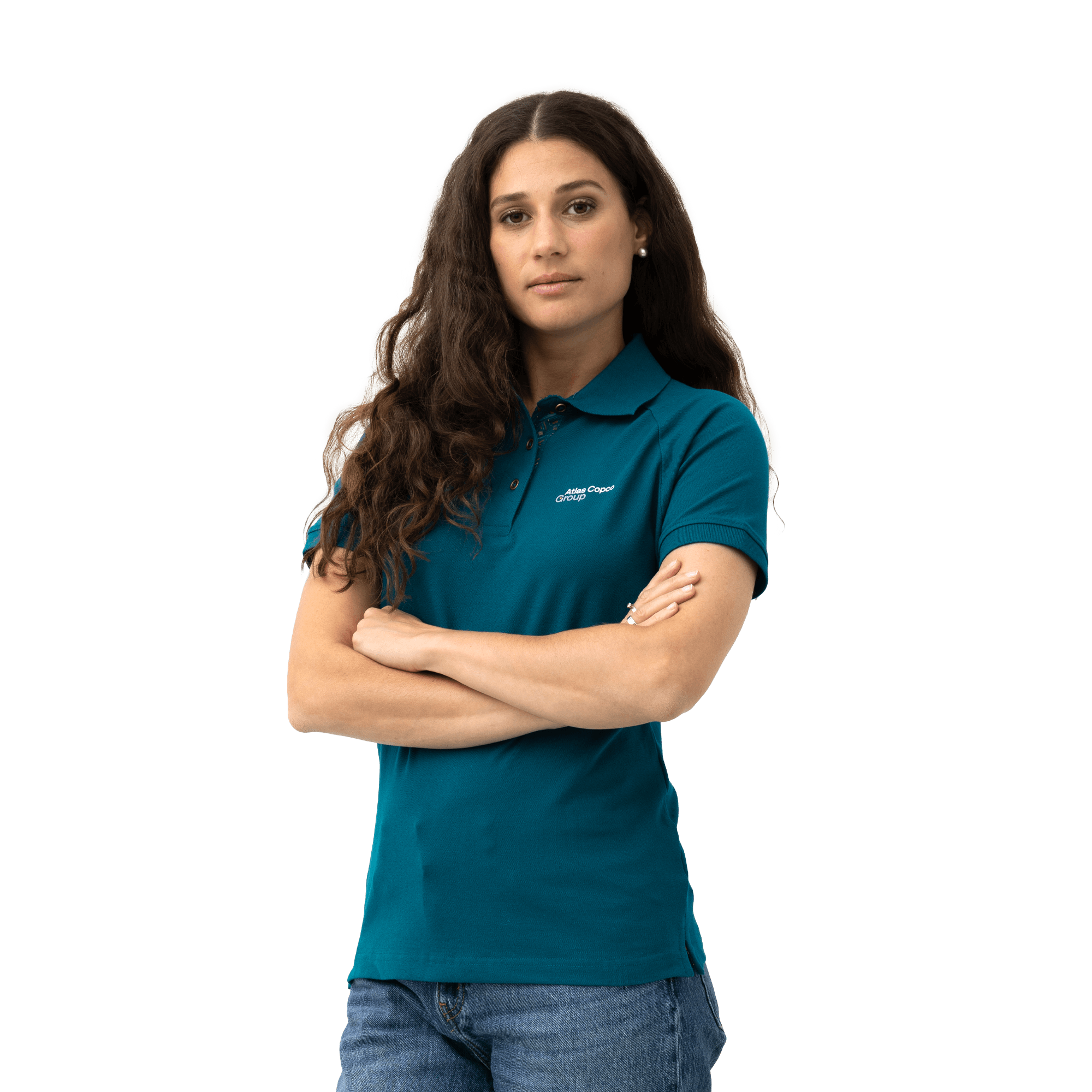 teal atlas copco group polo with white logo