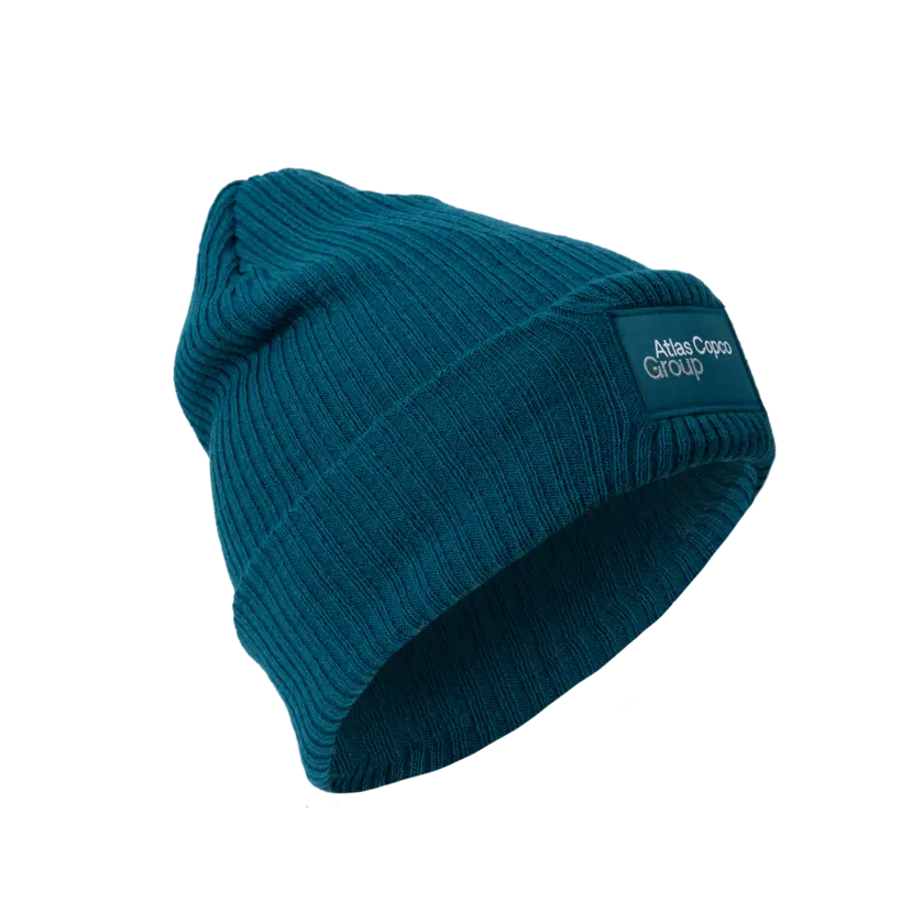 teal winter hat with atlas copco group logo
