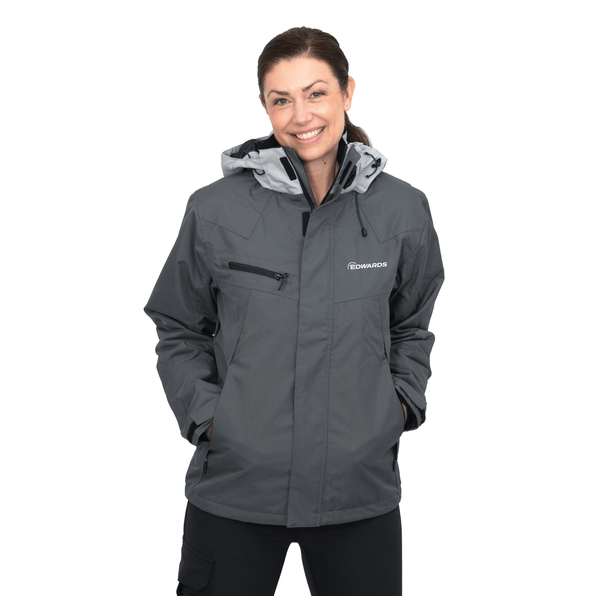 grey work wear jacket on female model with edwards logo
