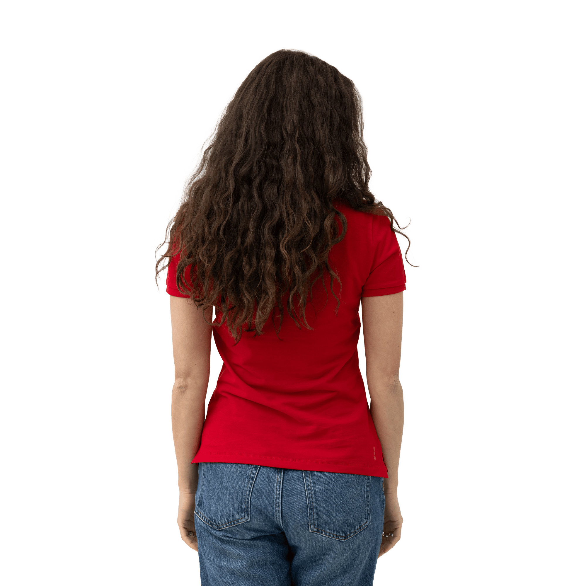 red polo shirt on female model from back