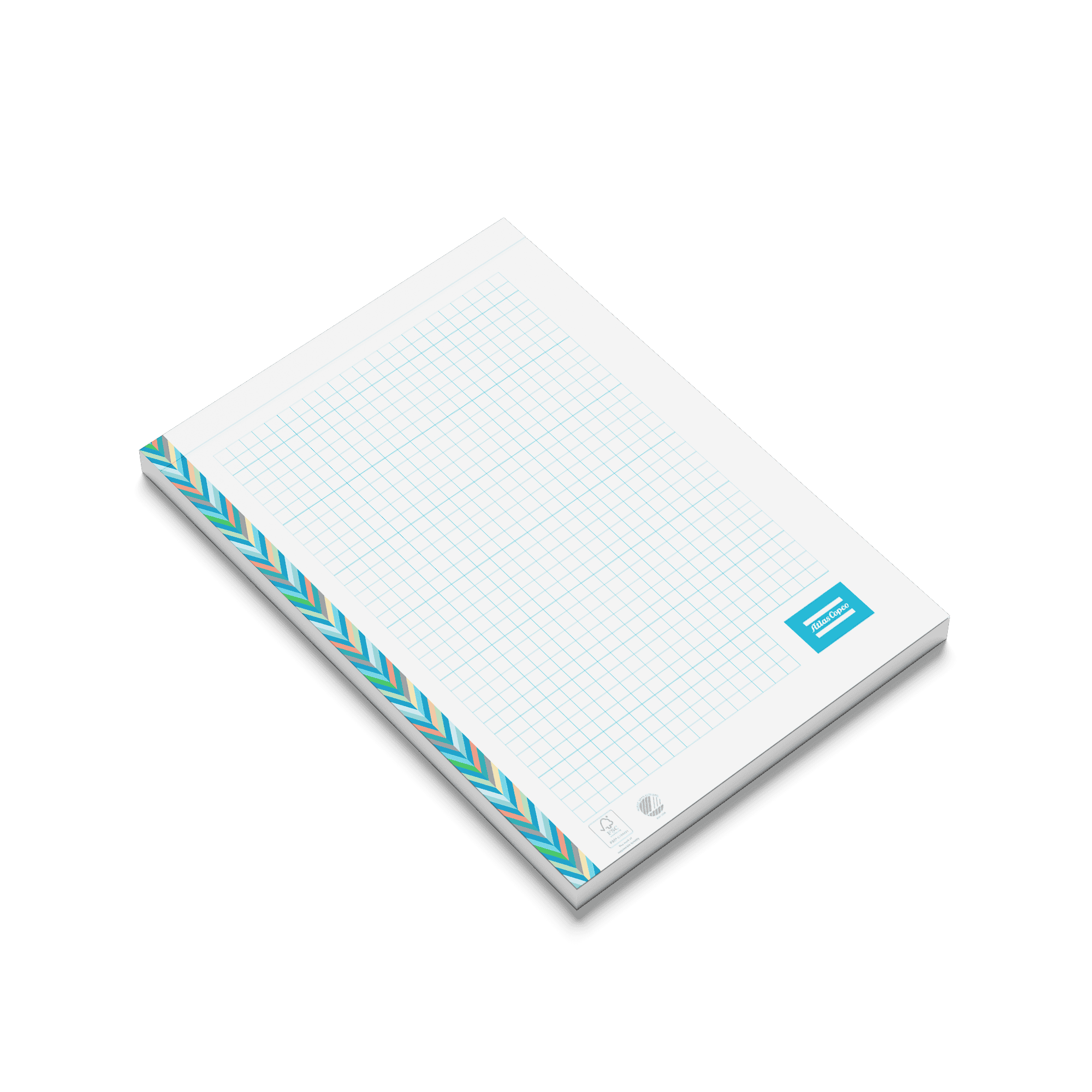 squared note pad with atlas copco logo and pattern top view