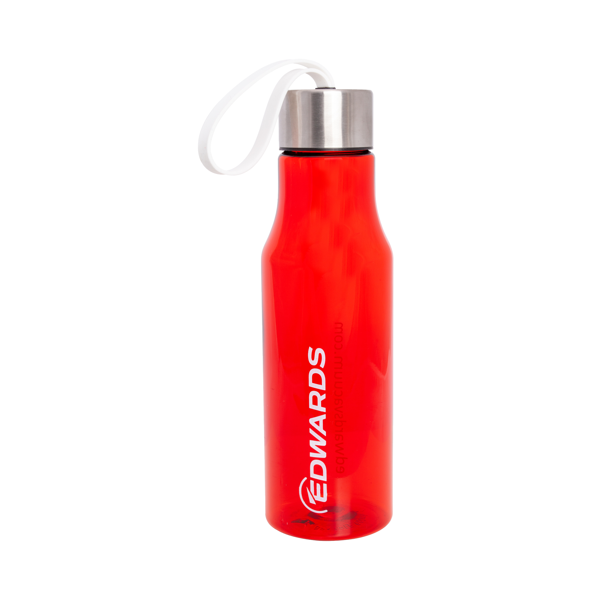 red transparent water bottle with edwards logo