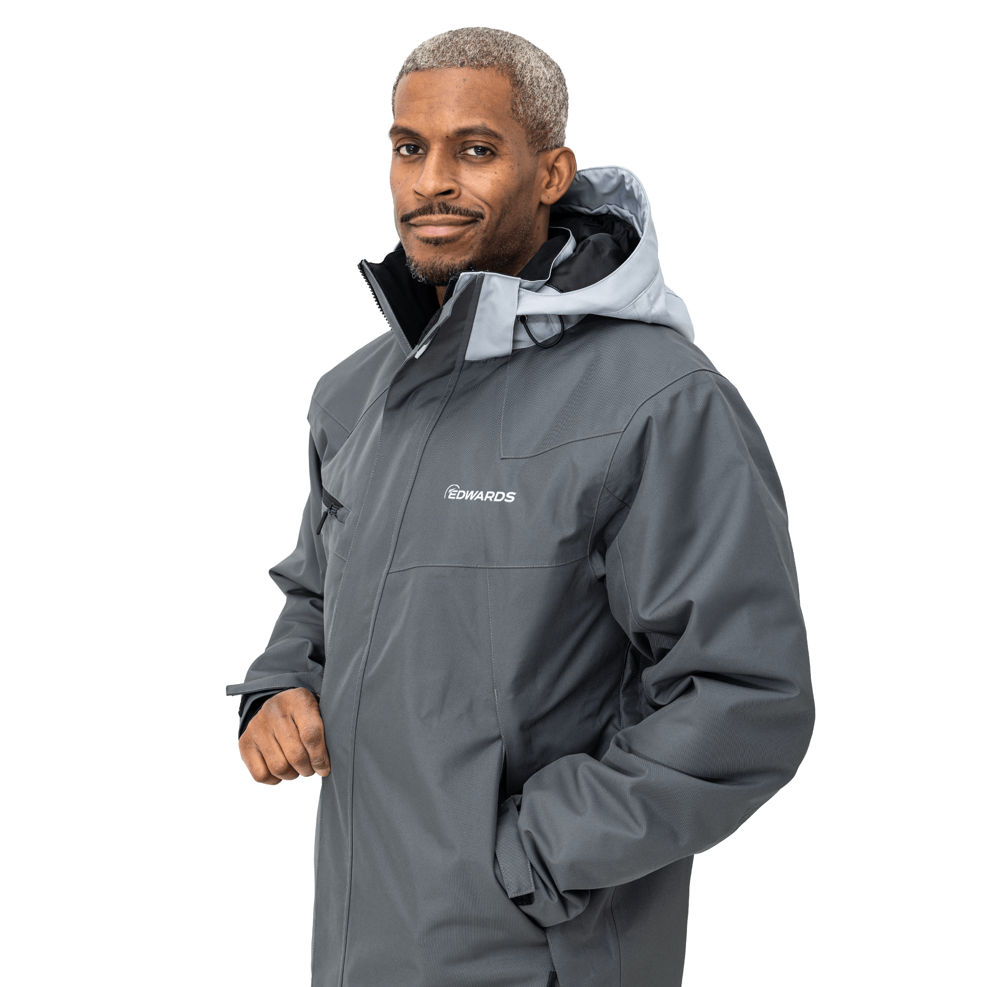 grey work wear jacket on male model with edwards logo