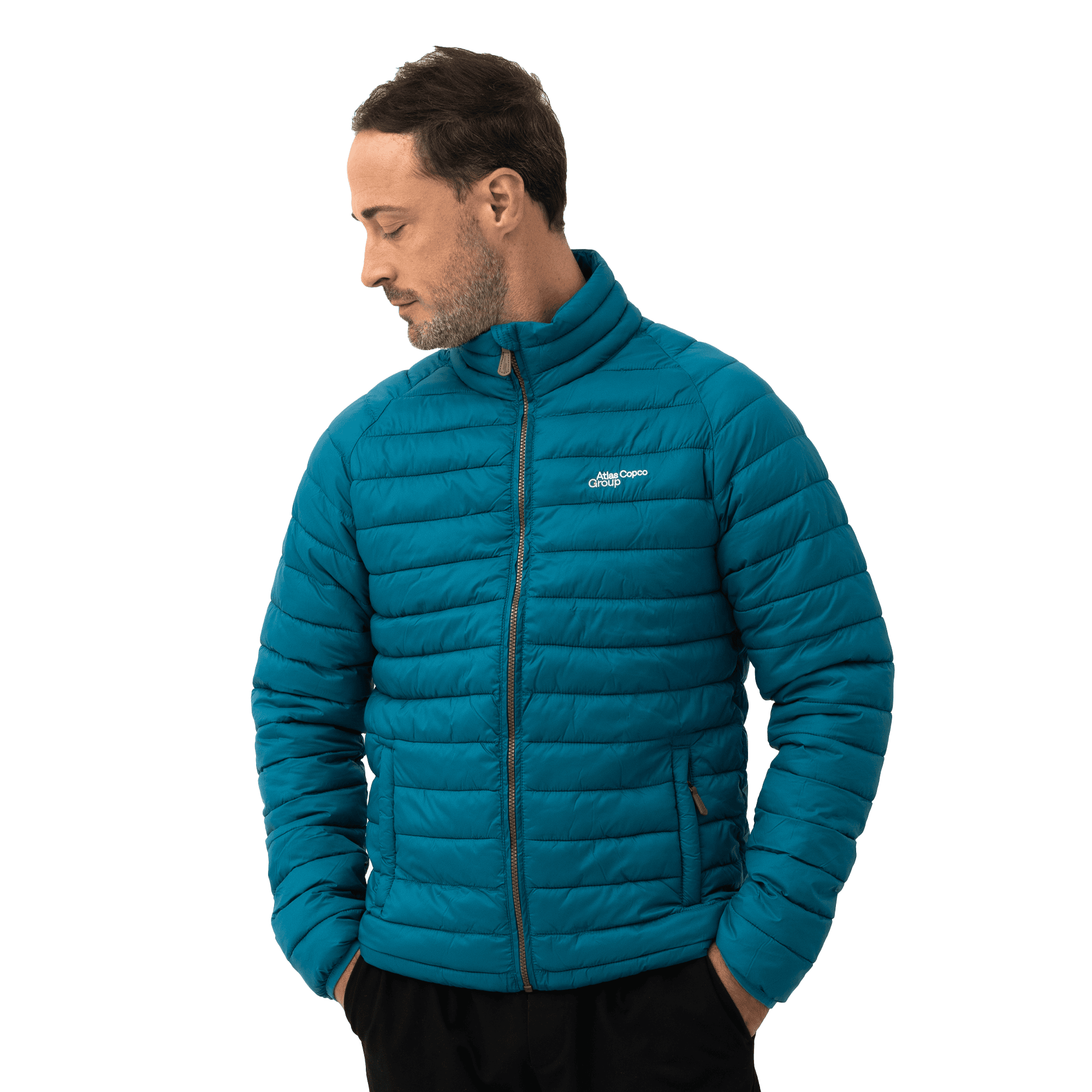 teal padded jacket with atlas copco group logo