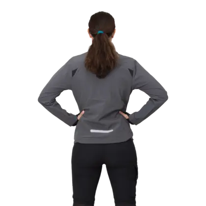 grey work wear jacket on female model from back