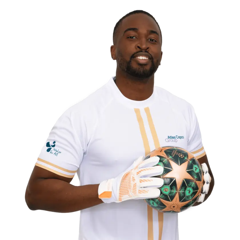 white soccer jersey clothes with atlas copco group logo close up