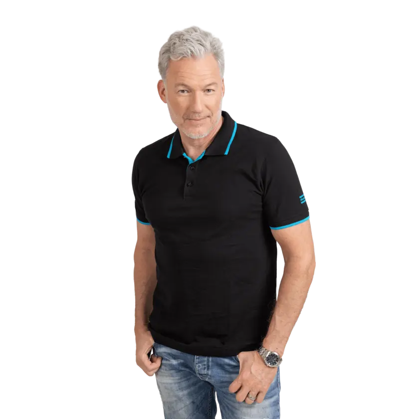 Man wearing black polo shirt with blue details