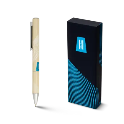 blue atlas copco pen with blue print pattern