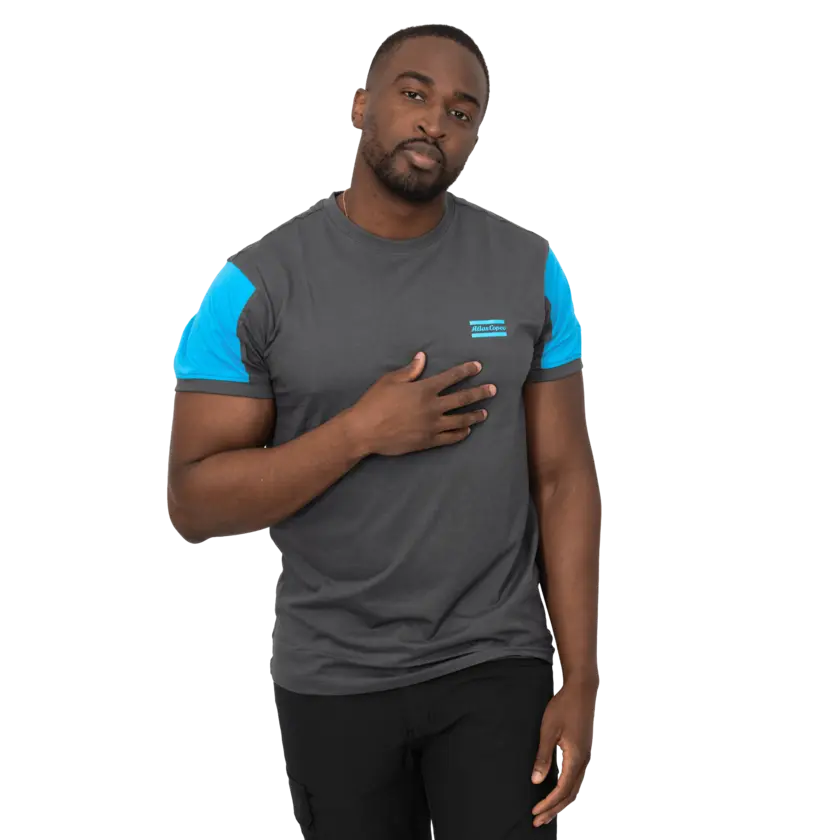 grey tshirt with blue sleeves and atlas copco logo