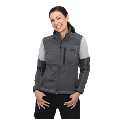 grey work fleece on female model