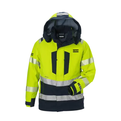 blue and reflective jacket with hood