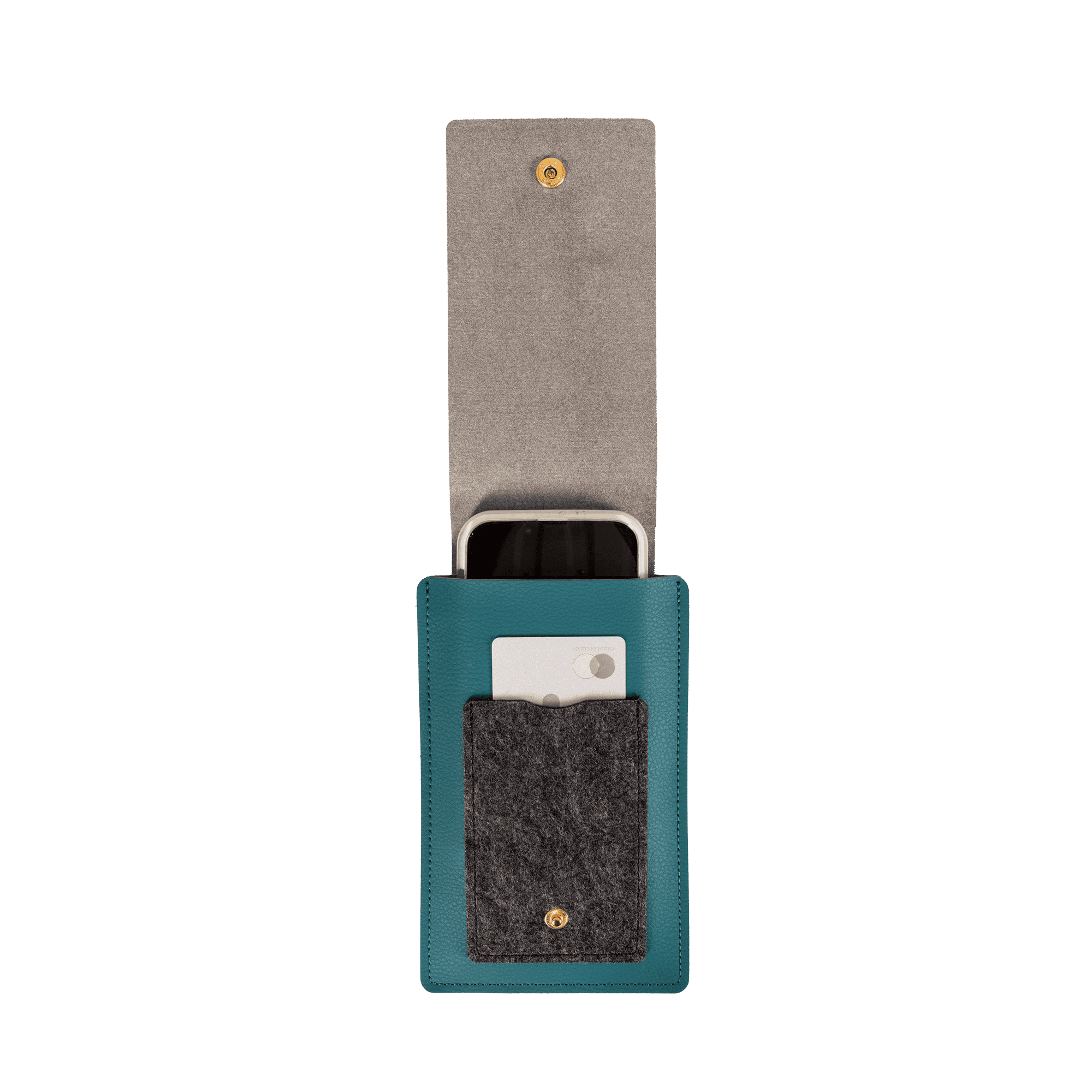 teal pouch opened with cards and phones