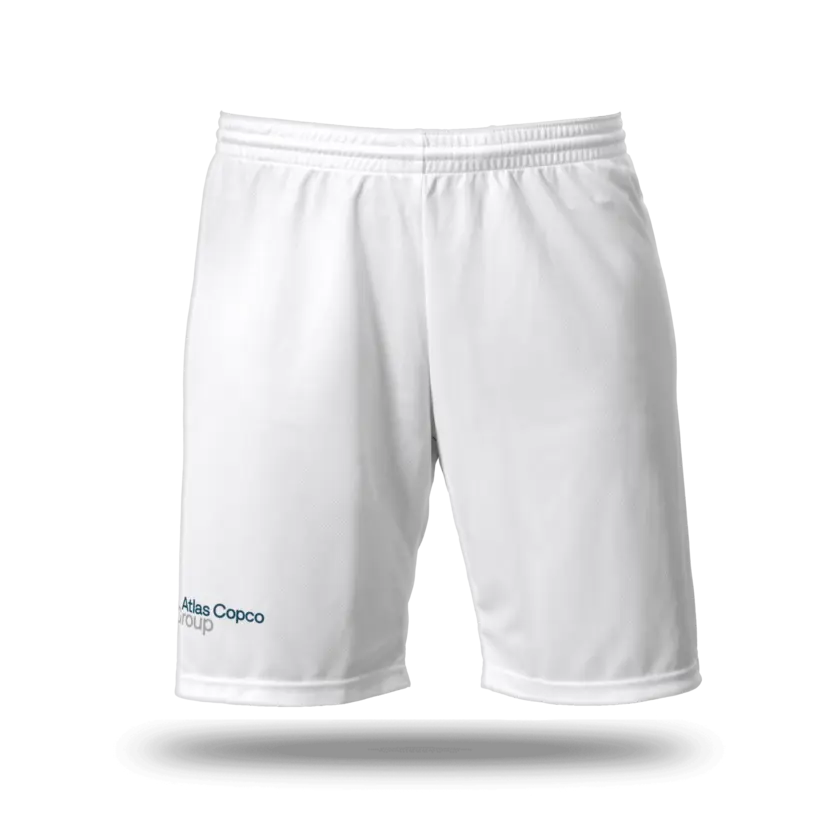 white soccer jersey shorts with atlas copco group logo