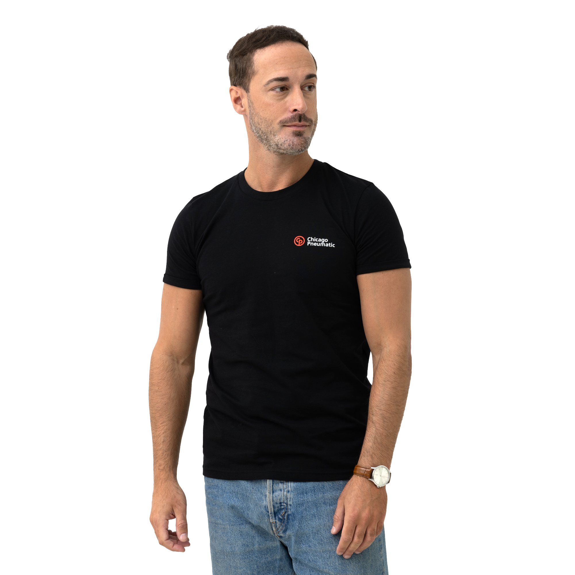 black t-shirt with chicago pneumatic logo in white on male model