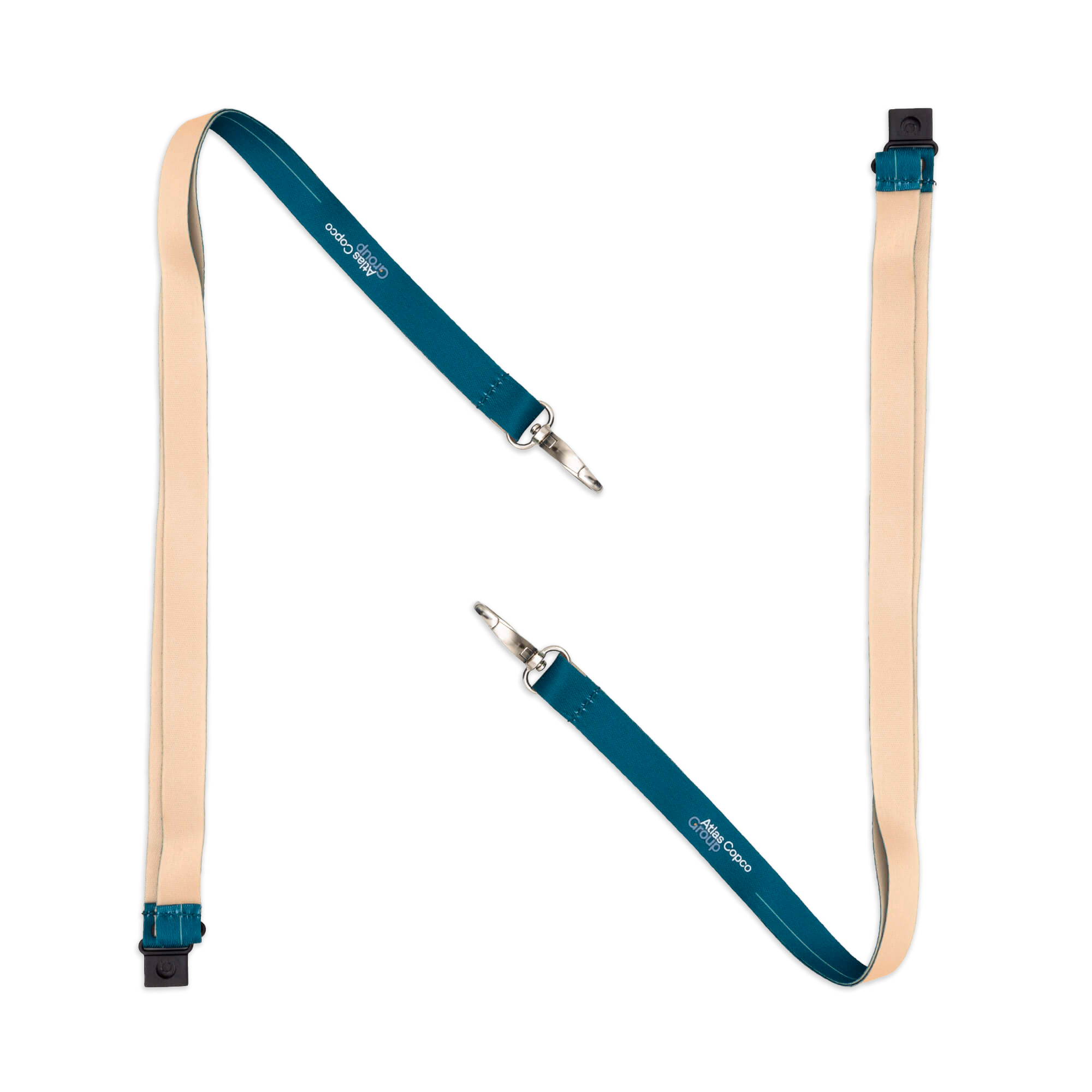 teal and gold lanyard with group logo