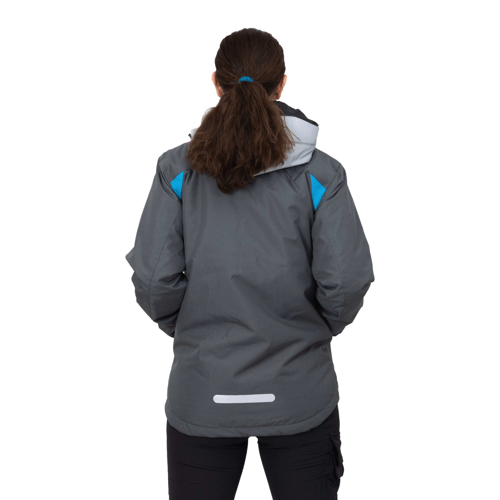 grey winter jacket with reflective strip on back bottom