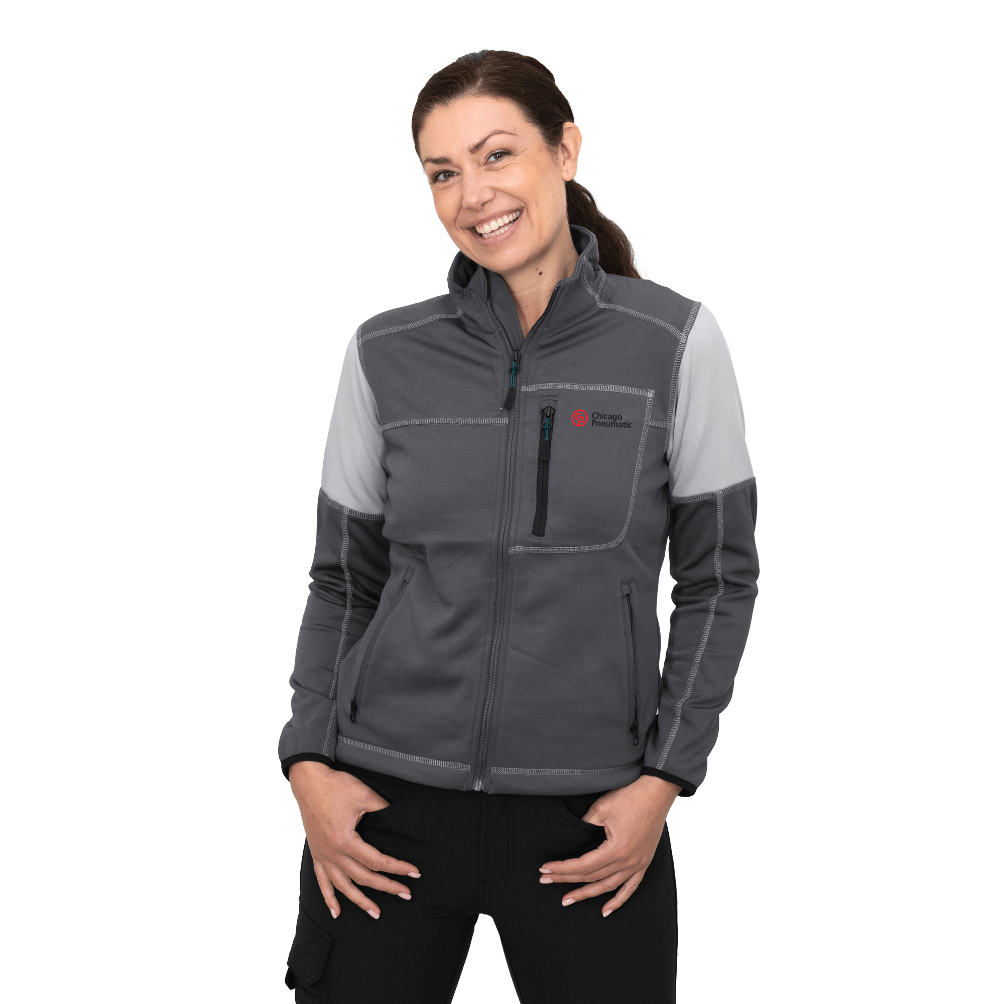 grey work fleece on female model