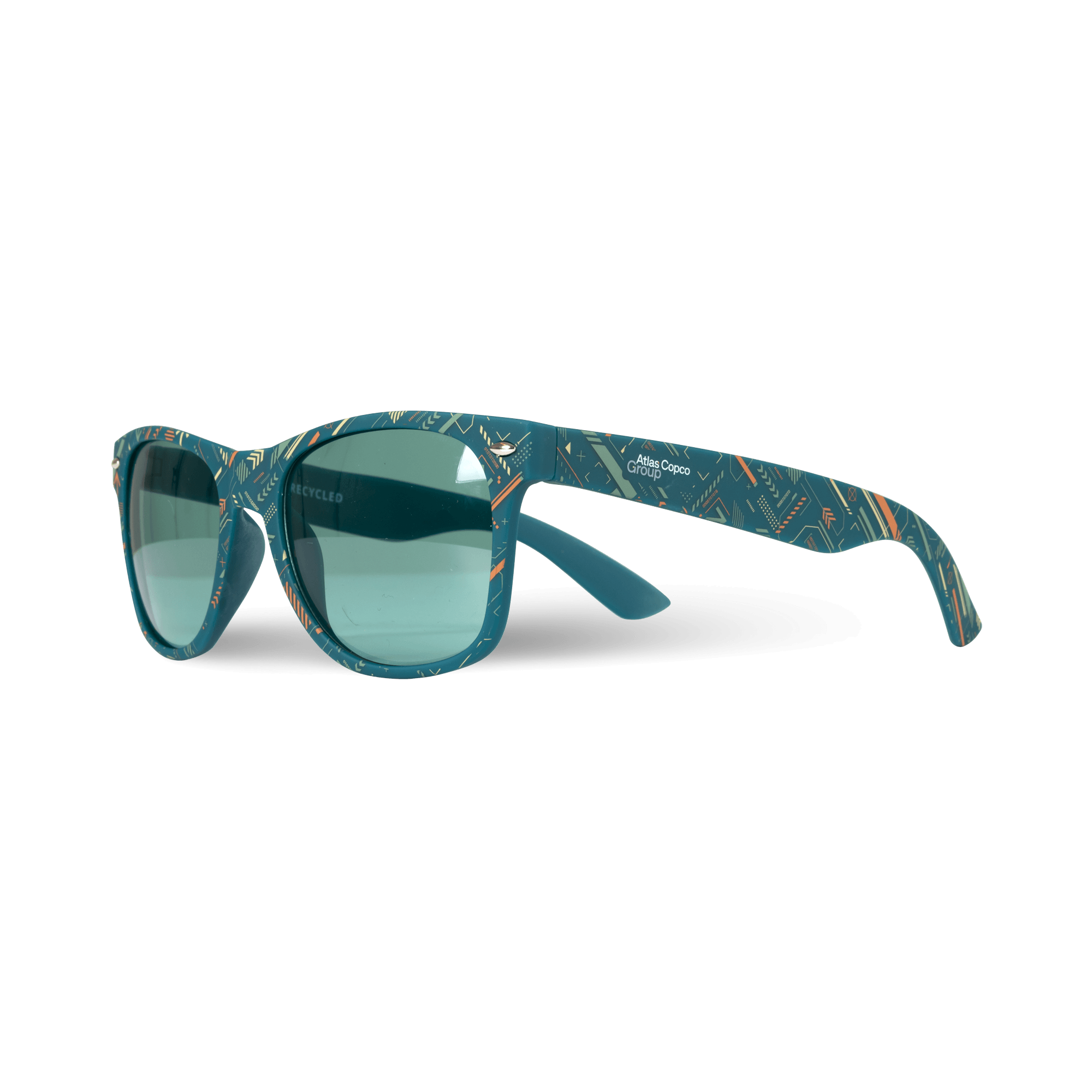 teal atlas copco group sunglasses with pattern and white logo
