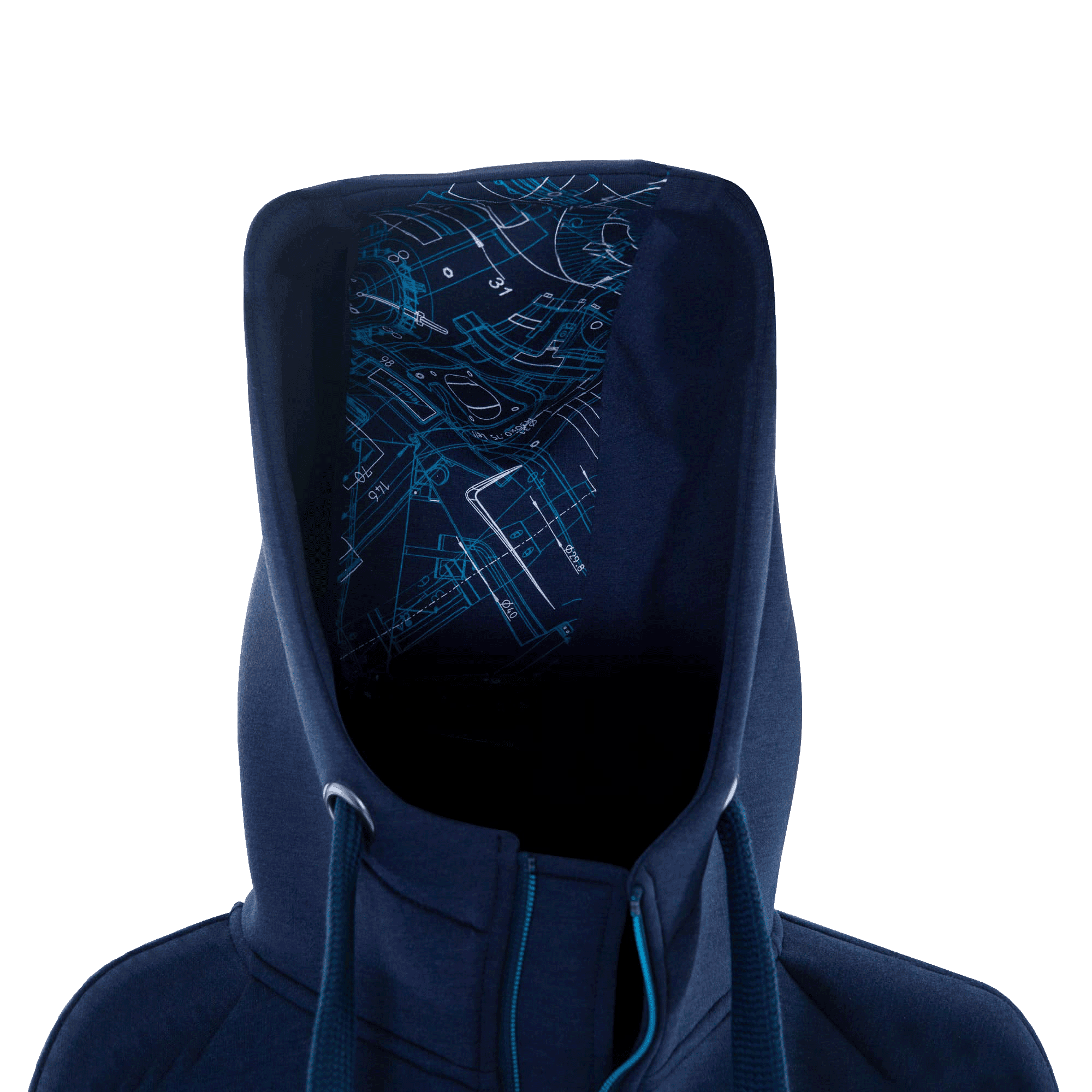 navy blue hoodie with blueprint pattern inside hood