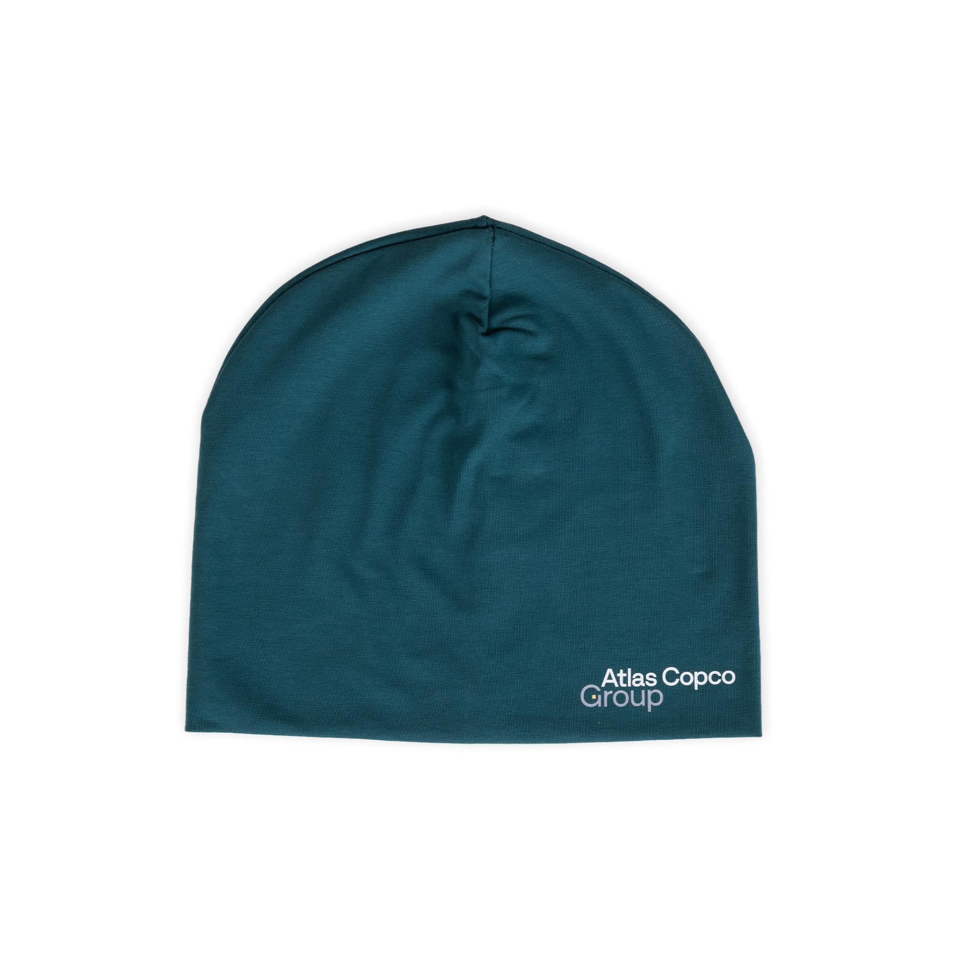 teal beanie with atlas copco group logo