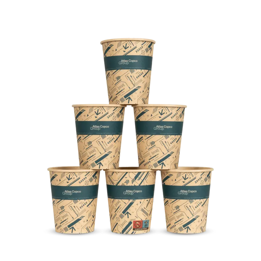 atlas copco group paper cups with teal pattern