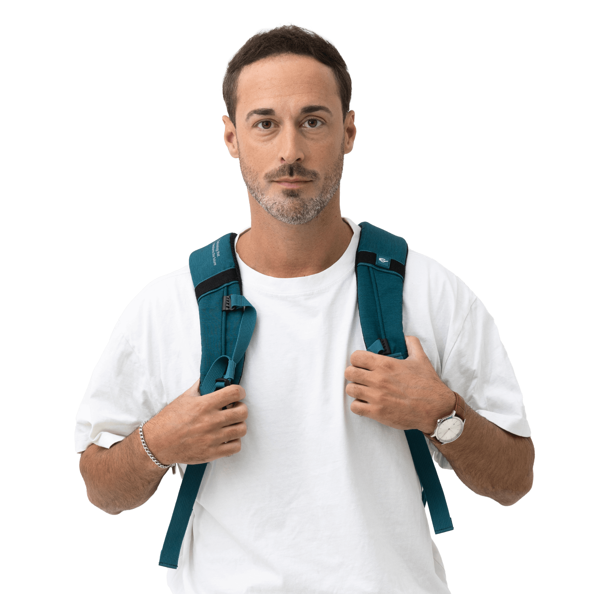 Teal color backpack with Atlas Copco Group logo