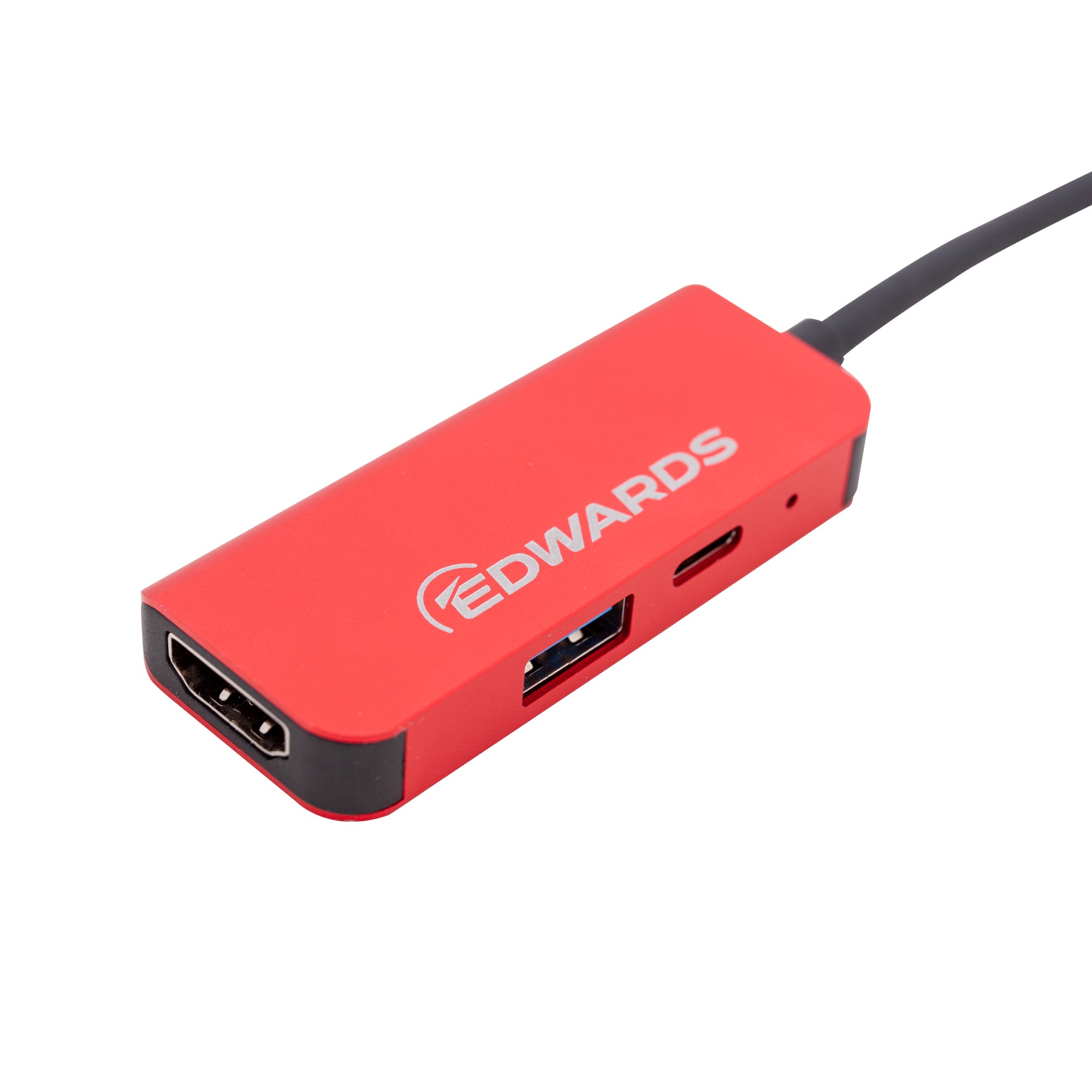 red usb hub with white edwards logo 3 outlets