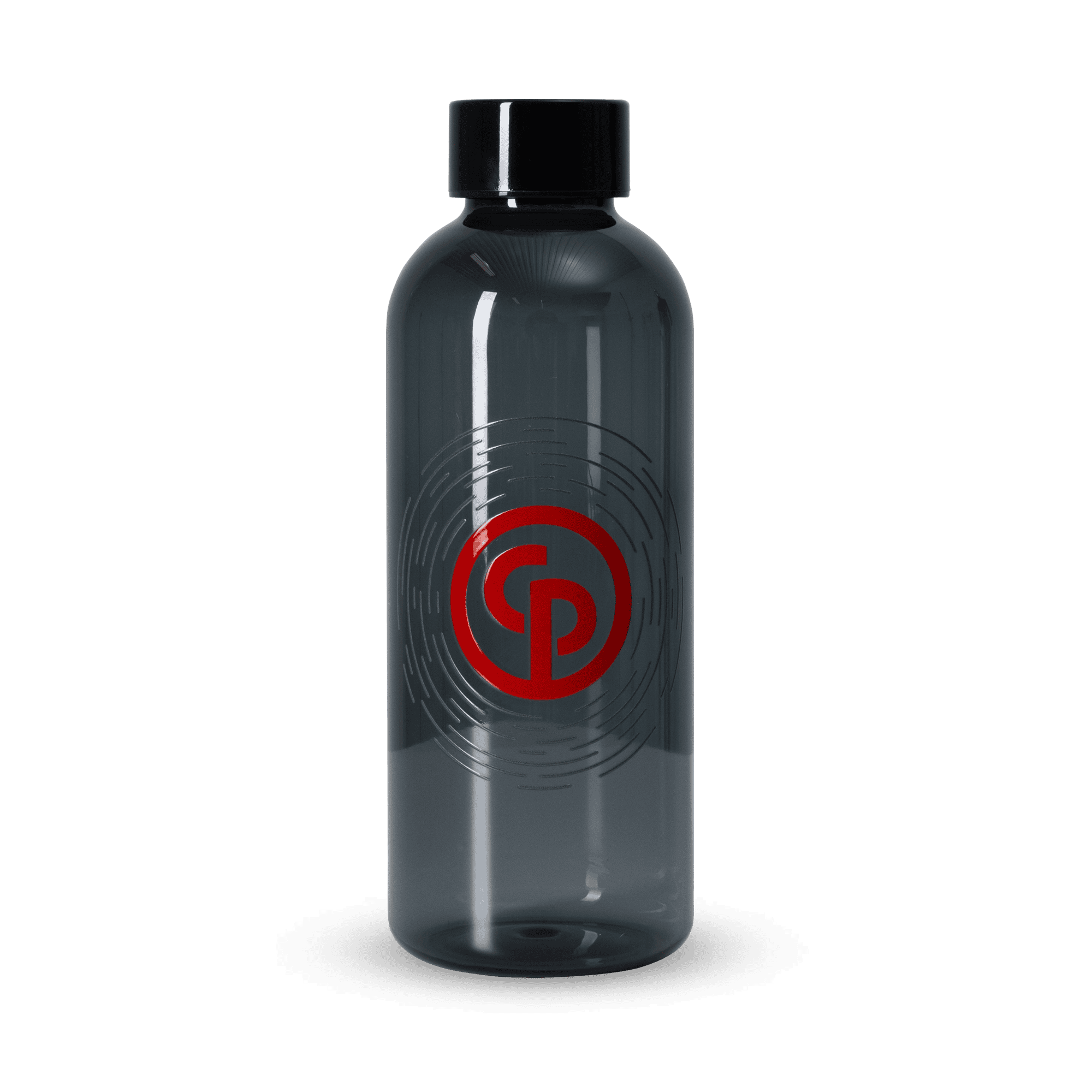 CP waterbottle in transparent black color with a red CP logo with ripples around it.