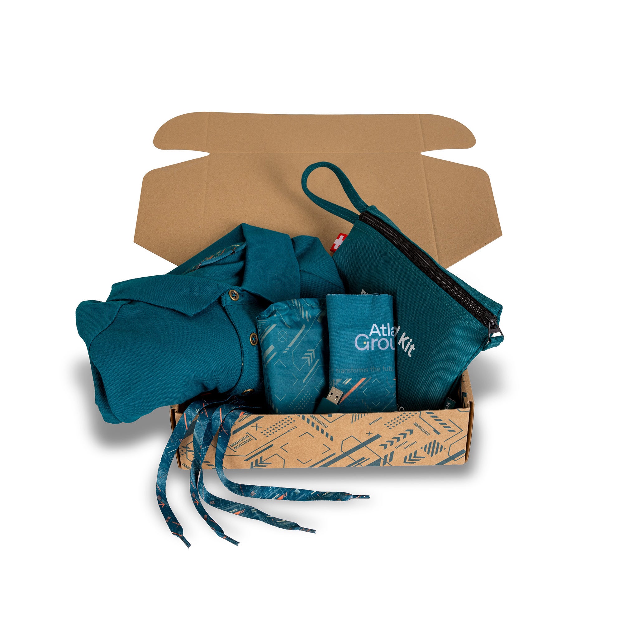 gift box with atlas copco group pattern open with products