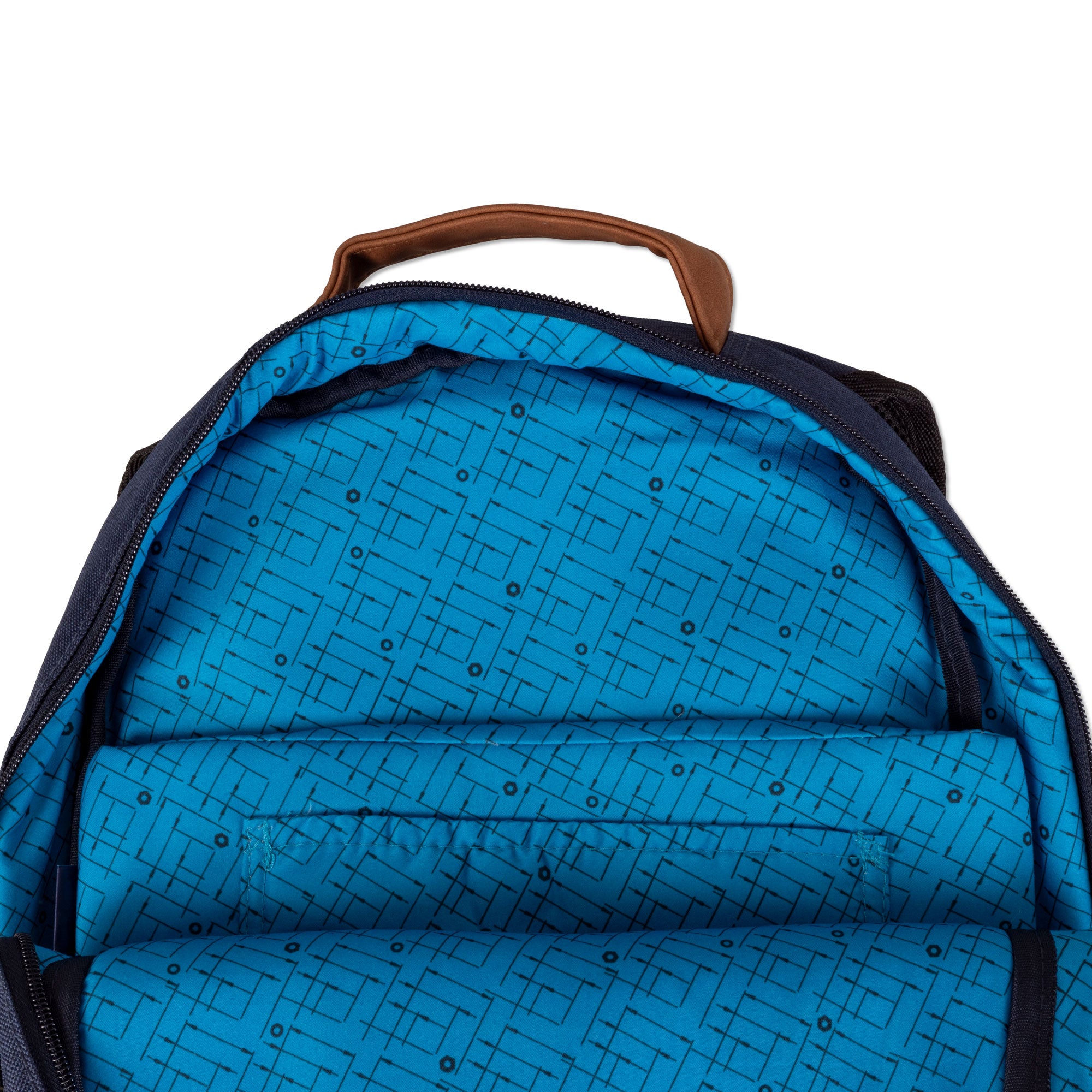 navy backpack blue pattern inside