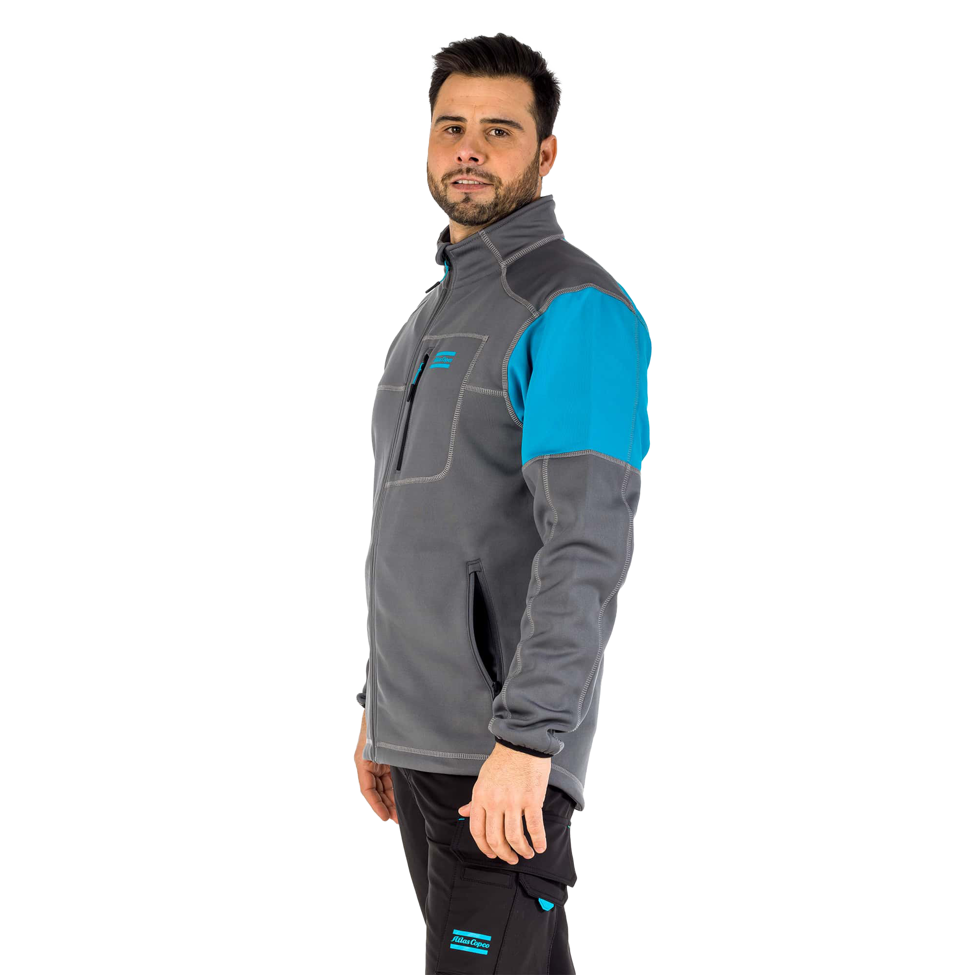 grey fleece jacket with atlas copco logo and blue sleeves