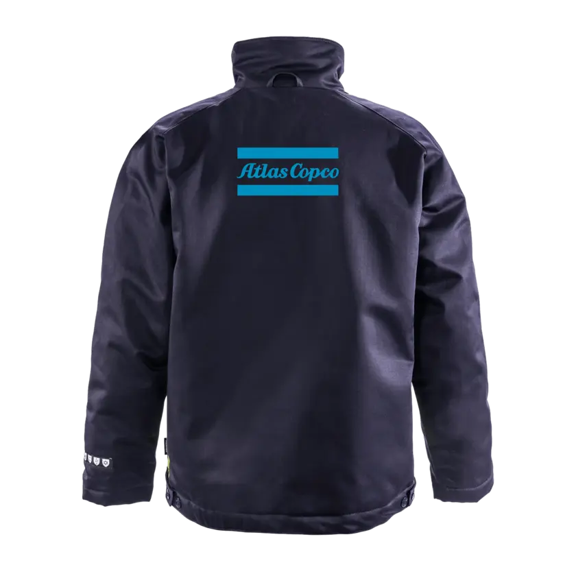 blue jacket with atals copco logo