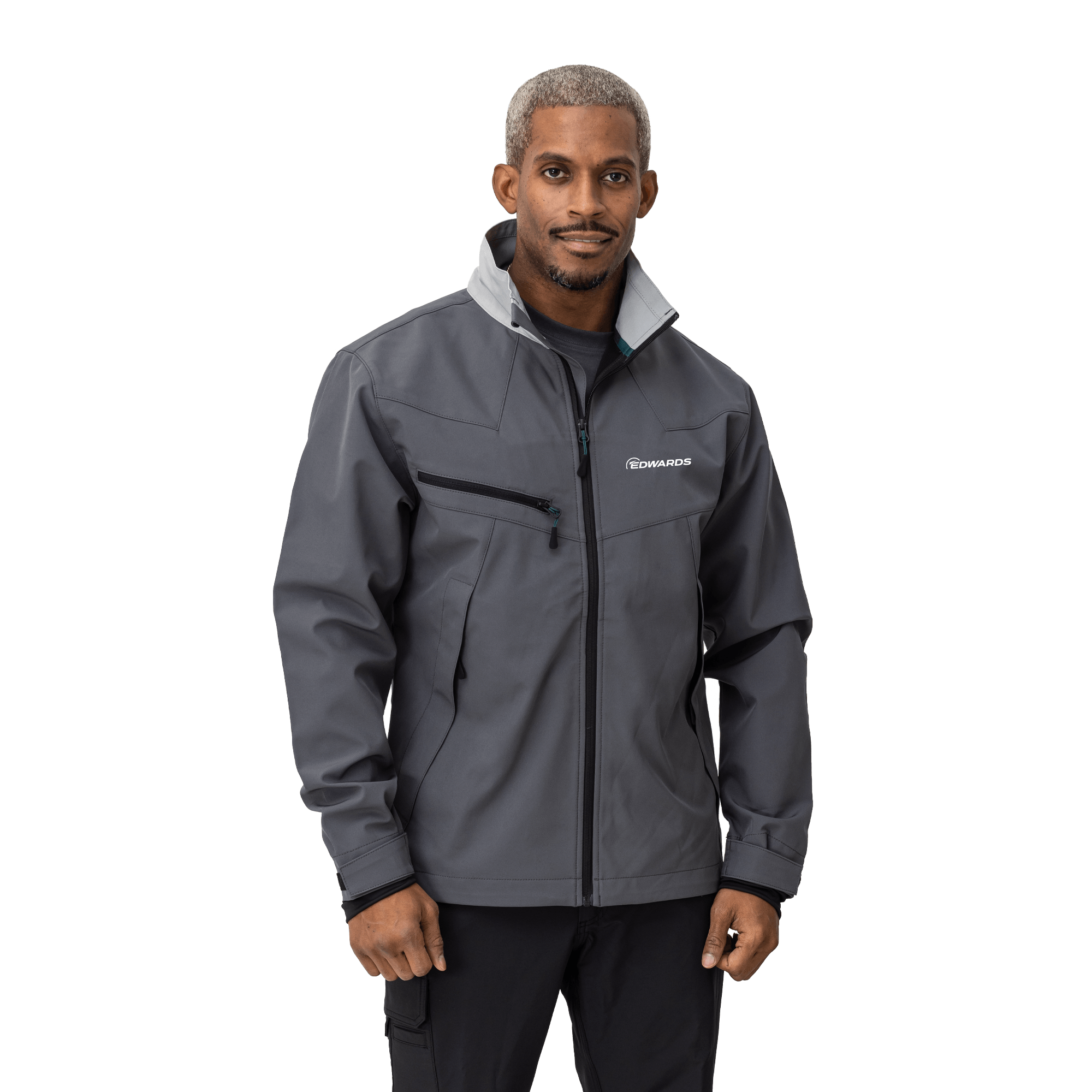 grey work wear jacket on male model