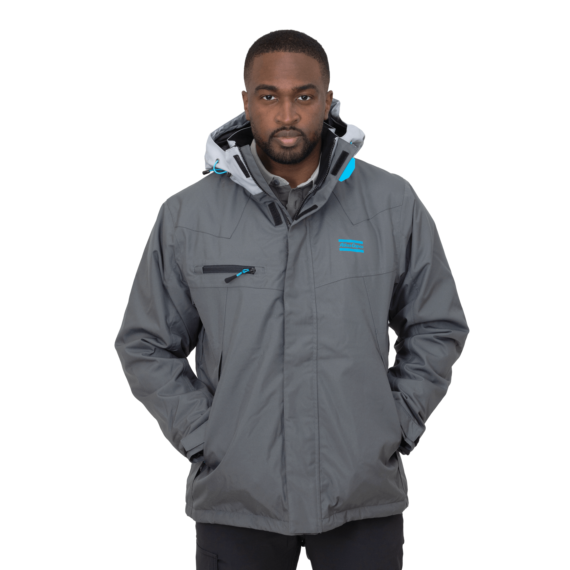 grey winter jacket with atlas copco logo in blue