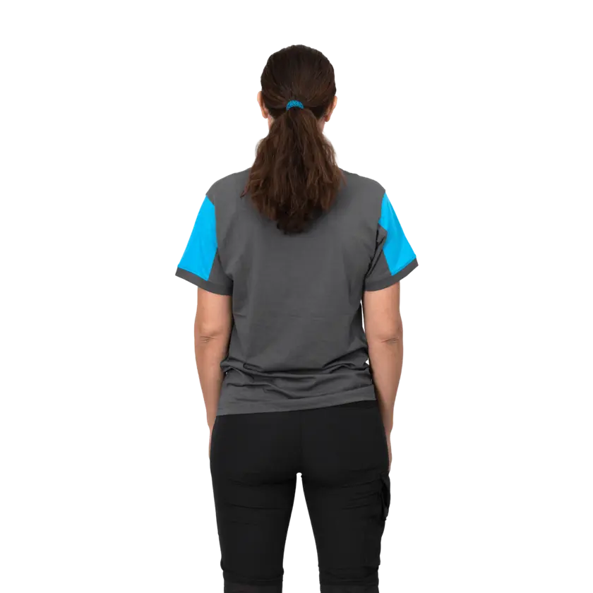 grey tshirt with blue sleeves 