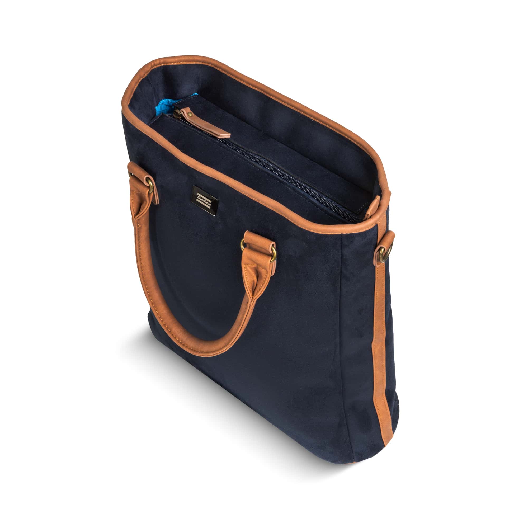 navy laptop bag with leather details